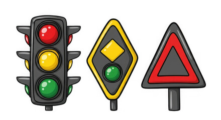 Cartoon traffic light and road signs isolated on transparent background illustration