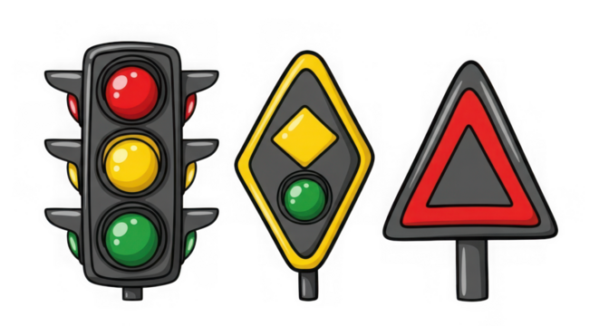 Cartoon traffic light and road signs isolated on transparent background illustration