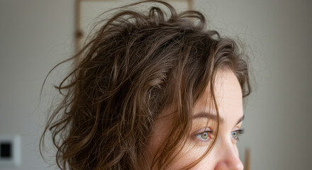 Close-up of a woman's face with messy, wavy brown hair, looking away.