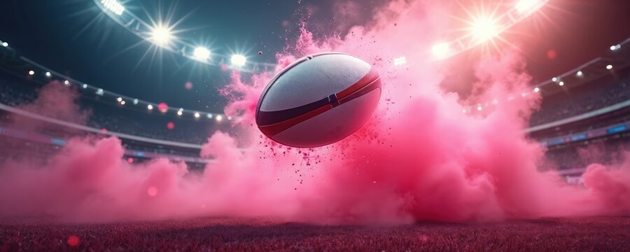 Rugby ball floats above stadium grass field during game. Bright stadium lights shine over arena. Pink smoke bursts around ball, creating dynamic sport concept. Visual shows intense action, energy for - Powered by Adobe