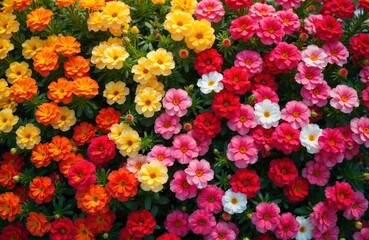 Obraz premium Colorful Portulaca oleracea flowers in garden. Pink, yellow, orange, red, white blossoms grow in summer. Green leaves, vibrant blooms create beautiful floral pattern. Siam weed pigweed flowers in