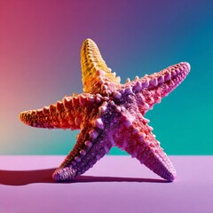 A starfish in against a pink background. The starfish is adorned with small white dots and has a vibrant purple hue, giving it an abstract and artistic appearance.
