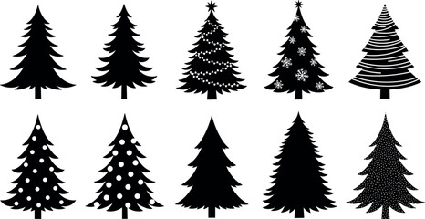 Set of ten black Christmas tree silhouettes with decorative styles, ornaments, stars, snowflakes, and festive graphic elements for holiday design