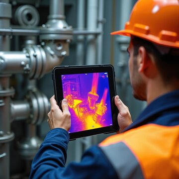 Industrial worker uses tablet with thermal imaging camera. Monitors plant equipment, checks heat on pipes. Man inspects machinery for safety, maintenance, fault detection. Engineer works with modern
