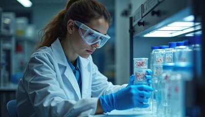 Scientist in lab coat and goggles works with stem cell cultures. She holds containers with tissue samples, studying regenerative medicine. Focus is on innovation in bioengineering and health.