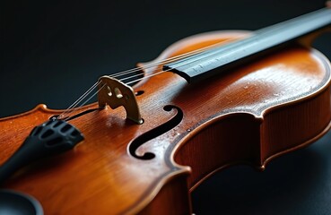 Fototapeta premium Close-up on polished violin with strings. Light reflects off instrument body. Beautiful wooden fiddle displays craftmanship, design. Aged musical instrument for classic melody composition,