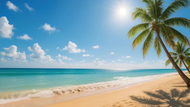A serene beach scene with palm trees under a bright sun, captured from a low angle. Perfect for a relaxing video backdrop or tropical getaway theme. Live desktop wallpaper.