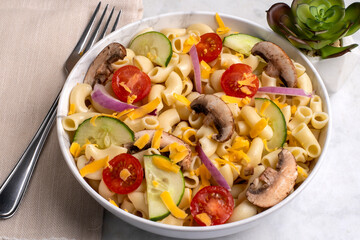 macaroni salad with tomatoes and mushrooms