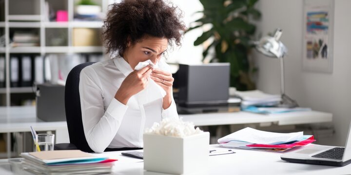 Businesswoman blowing nose with tissue working in office
