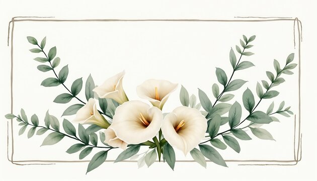 Watercolor frame with white calla lily flowers, fresh green eucalyptus leaves. Elegant floral design perfect for wedding invites, greeting cards, event announcements. Hand painted botanical - Powered by Adobe