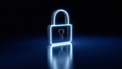 Modern digital padlock icon glowing with vibrant blue neon light on a dark reflective surface