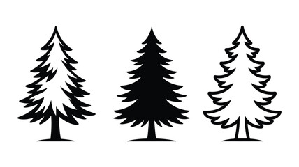 Obraz premium Three Black Silhouette Styles of Pine Trees on White Background Keywords: pine tree, fir tree, conifer, evergreen, silhouette, black, outline, stylized, nature, forest, woodland, winter, christmas