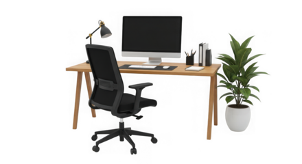 Modern office desk setup with computer, chair, and plant isolated on transparent background