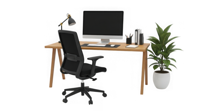 Modern office desk setup with computer, chair, and plant isolated on transparent background