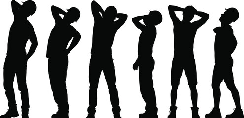 Silhouettes of construction workers stretching, bending, and resting to relieve back pain and muscle strain, showing labor fatigue, physical effort, and worksite activity