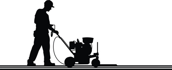 Silhouette of construction worker operating line striping machine for road or pavement marking, showing traffic control, painting lines, and infrastructure maintenance activity\