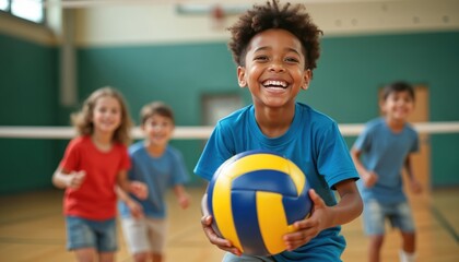 Smiling afro boy holds volleyball in gym. Multiethnic group plays. Children enjoy game, sport indoors. Youngsters laugh, play together. School team practices volleyball, develops healthy lifestyle