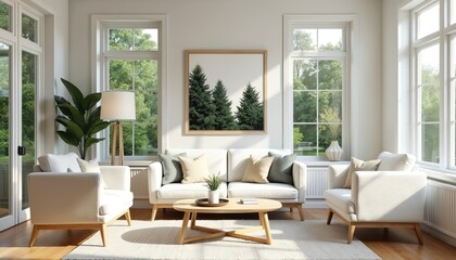 Bright living room features white sofas and armchairs with beige pillows. A wooden coffee table holds a small plant. Large windows offer green tree views. Artwork displays pine trees.
