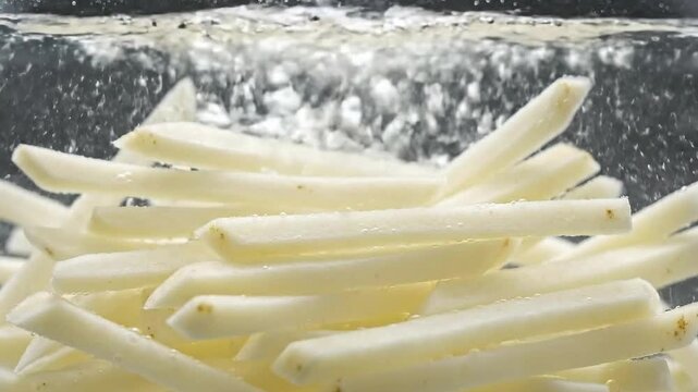 Close Up of Pale Yellow French Fries Blanching in Water With Bubbles Rising to the Surface for Cooking Purposes with Clean Water Preparation and Submerged Ingredients, Healthy and Delicious