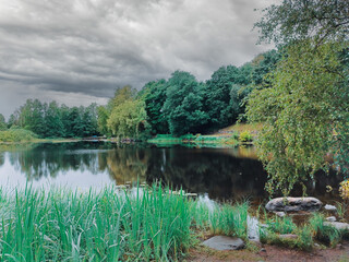 A lake with trees and a cloudy sky.