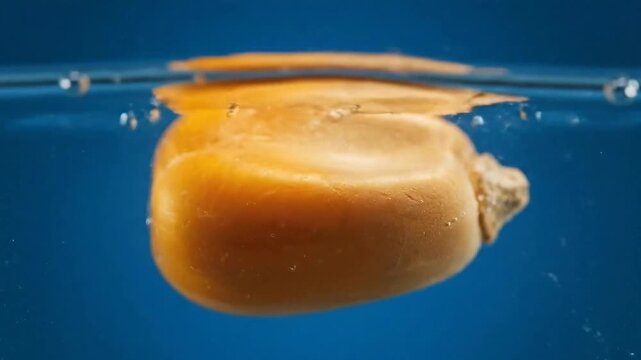 Close Up Shot of Corn Seed Immersed in Water with Blue Background Reveals Hydration Process with Bubbles and Reflections for Agricultural Research and Food Advertisement 198 Characters