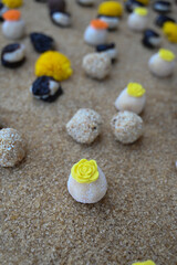 gourmet apricot and white chocolate brigadeiro on demerara sugar, brazilian fine confectionery close-up on brown sugar sand, wedding desserts: brigadeiro and chocolate bonbons

