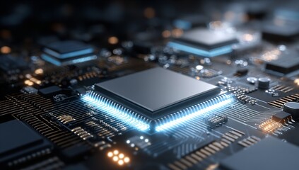 Fototapeta premium Glowing central processor on a complex motherboard symbolizing advanced technology and digital innovation in a futuristic circuit board