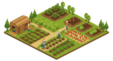 Isometric community garden with farmers harvesting vegetables and fruits