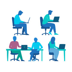 Vector illustration of group of diverse people working on laptops at desks and tables, illustrating collaboration, teamwork, and a modern office or coworking environment