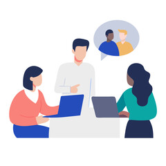 Vector illustration of diverse team collaborating on a project, discussing ideas and working together on laptops in a modern office setting