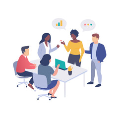 Vector illustration of group of diverse colleagues in a lively office meeting, actively discussing ideas around a table with a laptop and charts, representing teamwork and innovation