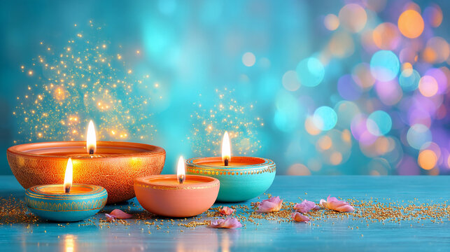 Diwali background with glowing clay diyas, golden glitter and festive bokeh lights on a vibrant backdrop. Perfect for festival, holiday, celebration, greeting cards, posters and banners