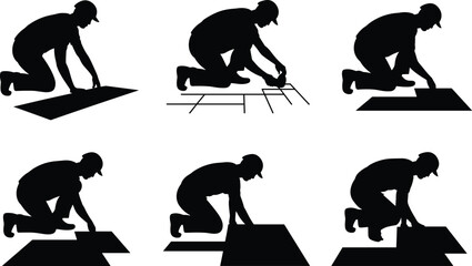 Silhouette of construction workers laying tiles and flooring, craftsmanship, precision work, building installation, manual labor, renovation task, construction skill, home improvement illustration