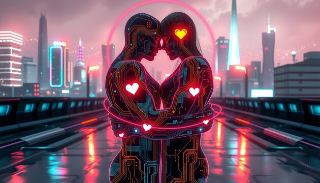 Neon-Love in Futuristic Cityscape