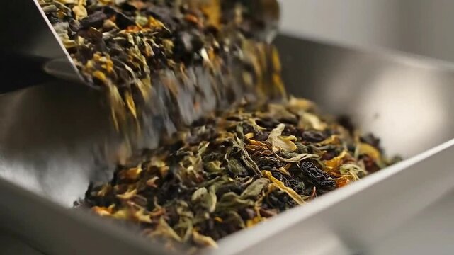 Green Herbal Tea Leaves Mixture Being Poured from Scoop into Silver Metal Container in Bright Lighting with Blurred Background Close Up Studio Shot Preparing Tea Blends at Factory 190 char