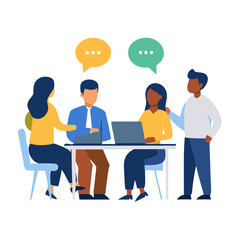 Vector illustration of diverse group of people collaborating around a table with laptops and speech bubbles