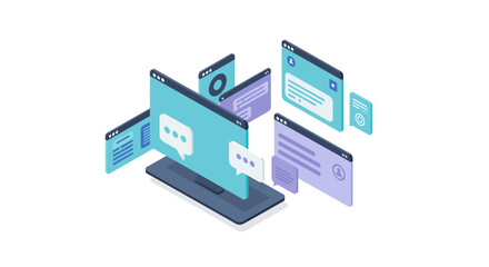 Digital communication platforms in isometric layout with interactive elements