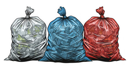 Three colorful garbage bags filled with trash isolated on transparent background