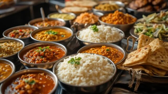 A vibrant Indian food buffet featuring a variety of curries, rice, and colorful breads. Perfect for food blogs, restaurant promotions, and ethnic cuisine themes. 4k video