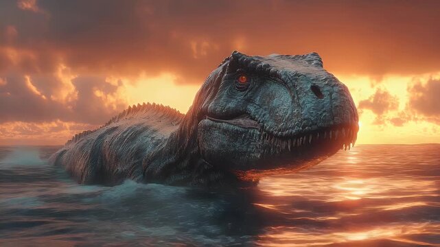 Majestic Tyrannosaurus Rex Roars Powerfully in the Ocean at Fiery Sunset