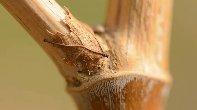 Macro Shot of Brown Bamboo Stem with Dried Leaf Detailed Texture Close Up in Natural Light Perfect for Environmental and Natural Backgrounds 190 chars