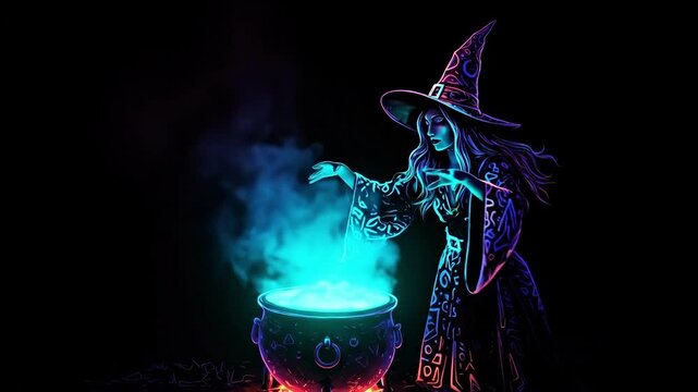 Woman witch brewing potion in cauldron with glowing smoke and sparks. Halloween magic and enchantment for spooky holiday event.