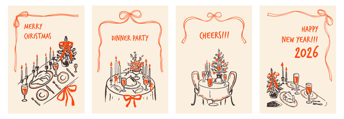 Set of modern hand drawn doodle posters, design, background, invitations for Merry Christmas and Happy New Year celebration dinner. Festive feast table. Coquette minimalist aesthetic bow ribbon style