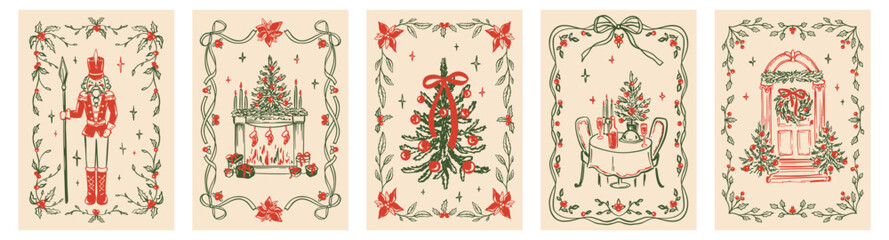 Set of hand drawn whimsical red and green Merry Christmas and Happy New Year greeting cards, posters, backgrounds. Holli leaves, poinsettia flowers garland, bow ribbon chalk rectangle frame design