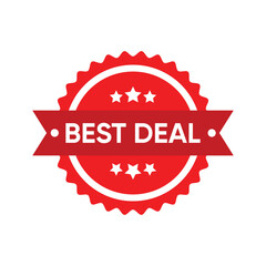 A vibrant red vector badge or stamp with ribbon and stars, featuring the text 