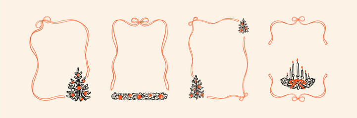 Set of whimsical aesthetic wavy minimalist crayon Christmas frames with coquettish ribbon bow. Happy New year charcoal hand drawn vintage doodle border. Christmas tree decoration wreath with candles