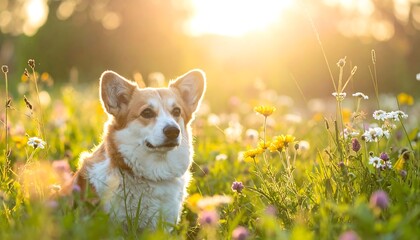 Dog in a field of wildflowers at sunset