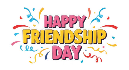 Happy friendship day text with colorful confetti isolated on transparent background