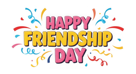 Happy friendship day text with colorful confetti isolated on transparent background