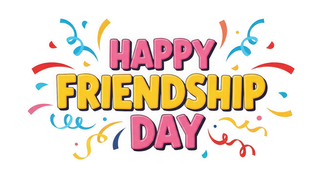 Happy friendship day text with colorful confetti isolated on transparent background